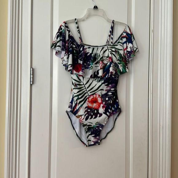 SWIMSUIT, one piece off or on shoulder tropical print. Like new - Picture 1 of 5